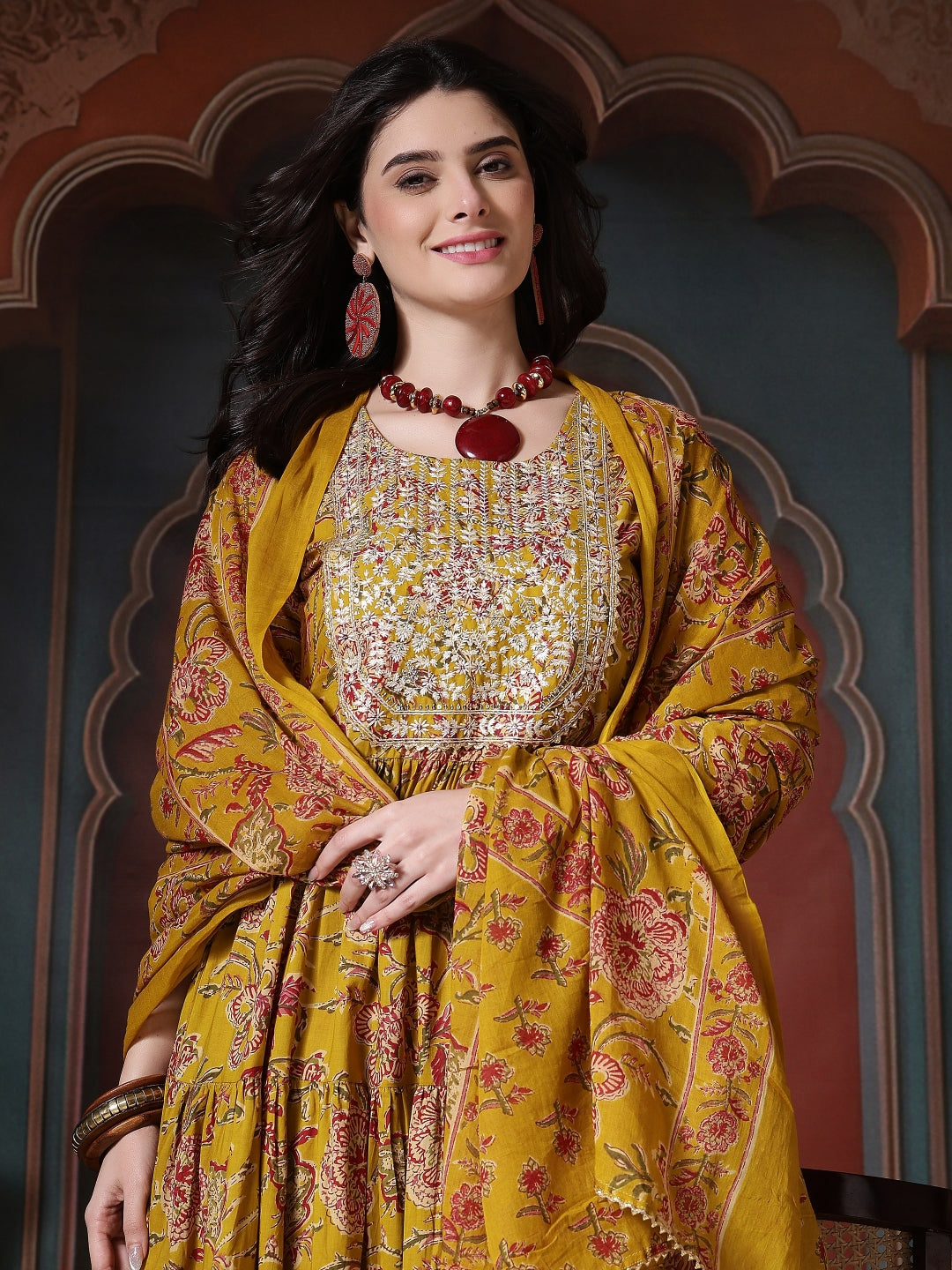 Cotton Printed Embroidered Calf Length Round Neck Anarkali Kurta, Palazzo With Dupatta Set