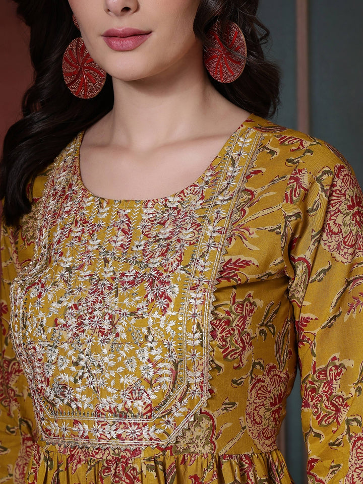 Cotton Printed Embroidered Calf Length Round Neck Anarkali Kurta, Palazzo With Dupatta Set