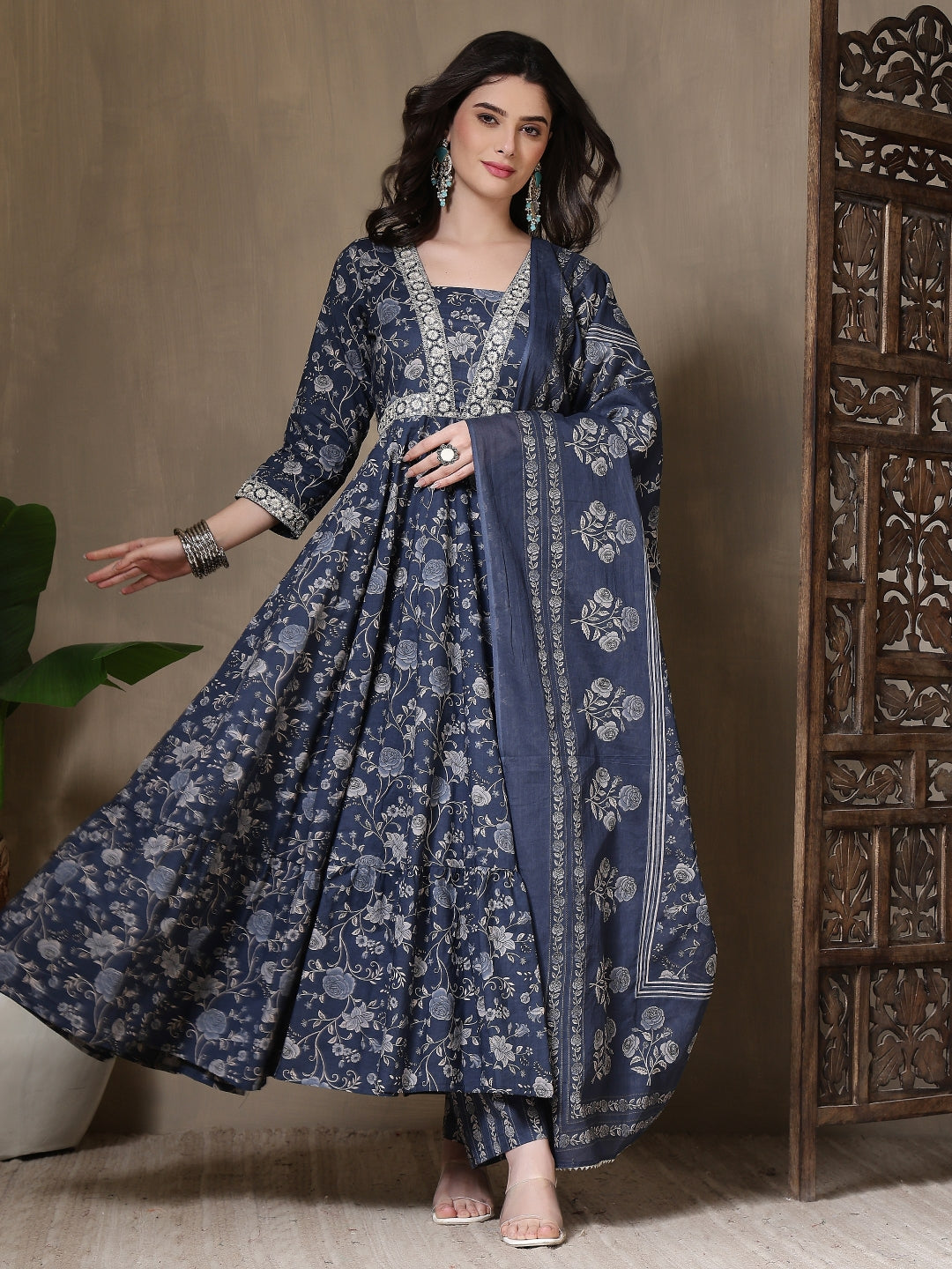 Cotton Printed Embroidered Calf Length V-Neck Anarkali Kurta, Palazzo With Dupatta Set