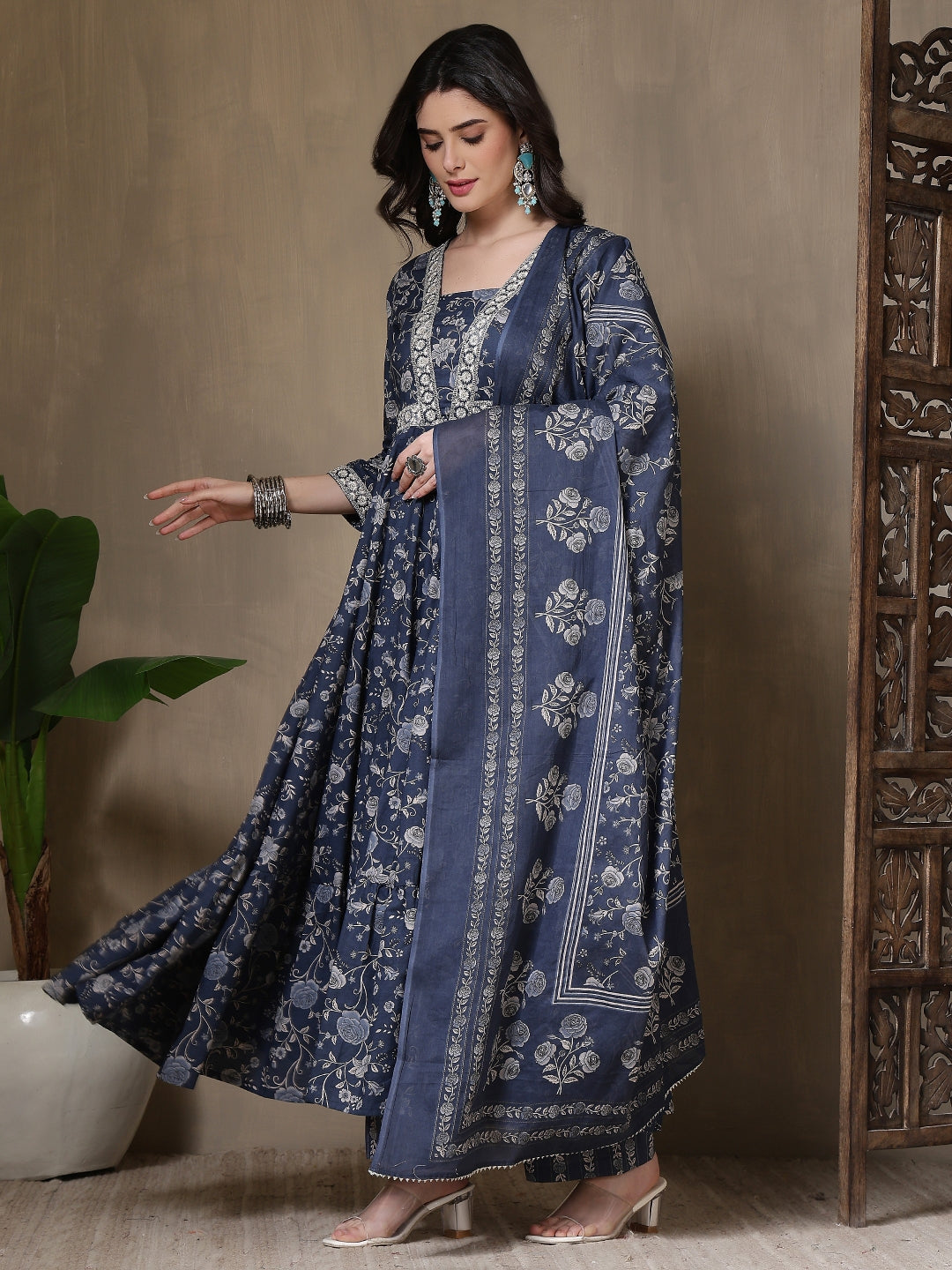 Cotton Printed Embroidered Calf Length V-Neck Anarkali Kurta, Palazzo With Dupatta Set