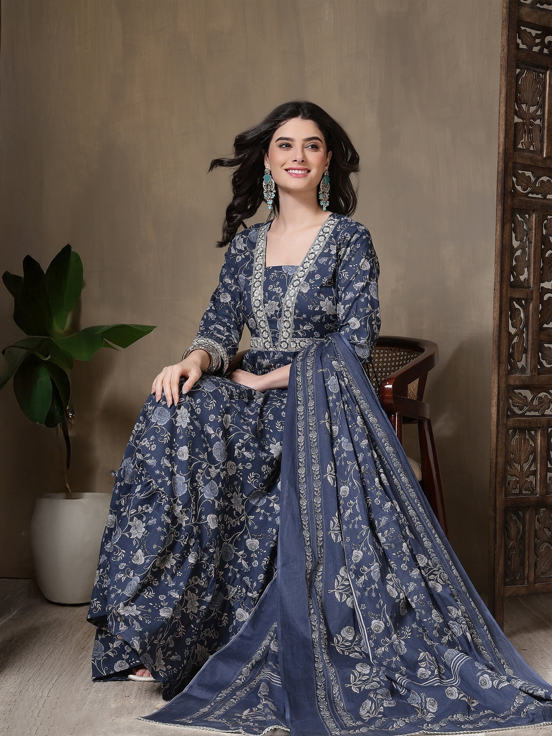 Cotton Printed Embroidered Calf Length V-Neck Anarkali Kurta, Palazzo With Dupatta Set