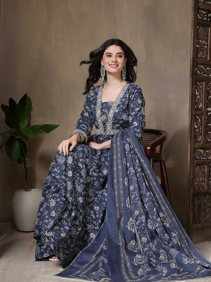 Cotton Printed Embroidered Calf Length V-Neck Anarkali Kurta, Palazzo With Dupatta Set