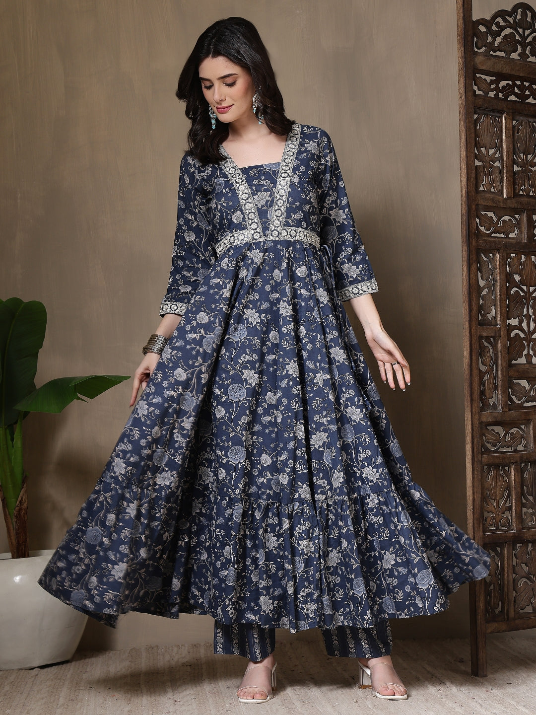 Cotton Printed Embroidered Calf Length V-Neck Anarkali Kurta, Palazzo With Dupatta Set