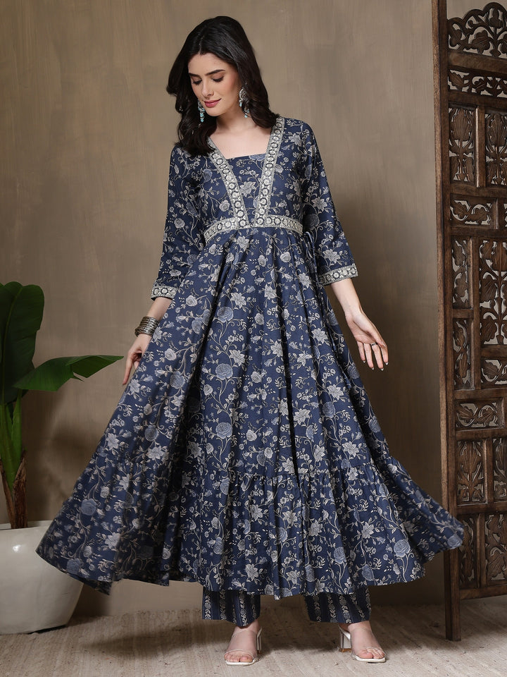 Cotton Printed Embroidered Calf Length V-Neck Anarkali Kurta, Palazzo With Dupatta Set