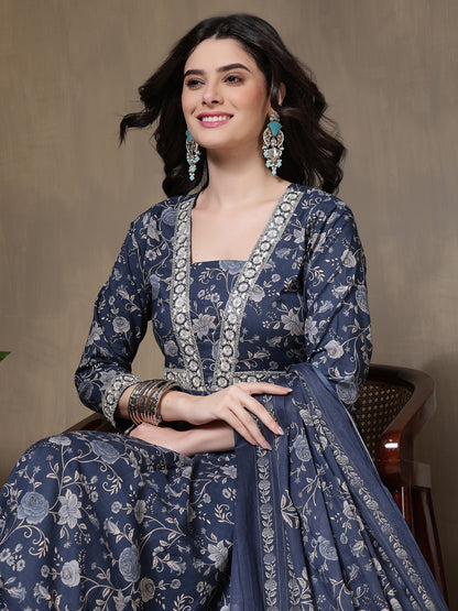 Cotton Printed Embroidered Calf Length V-Neck Anarkali Kurta, Palazzo With Dupatta Set