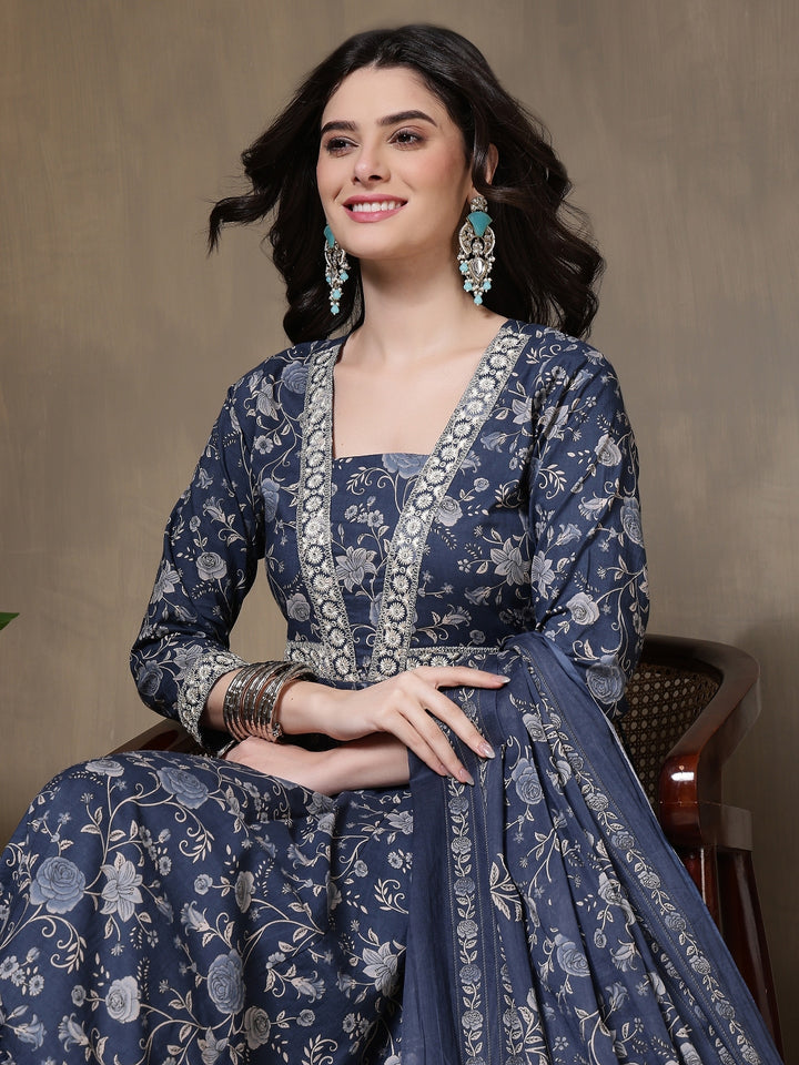 Cotton Printed Embroidered Calf Length V-Neck Anarkali Kurta, Palazzo With Dupatta Set
