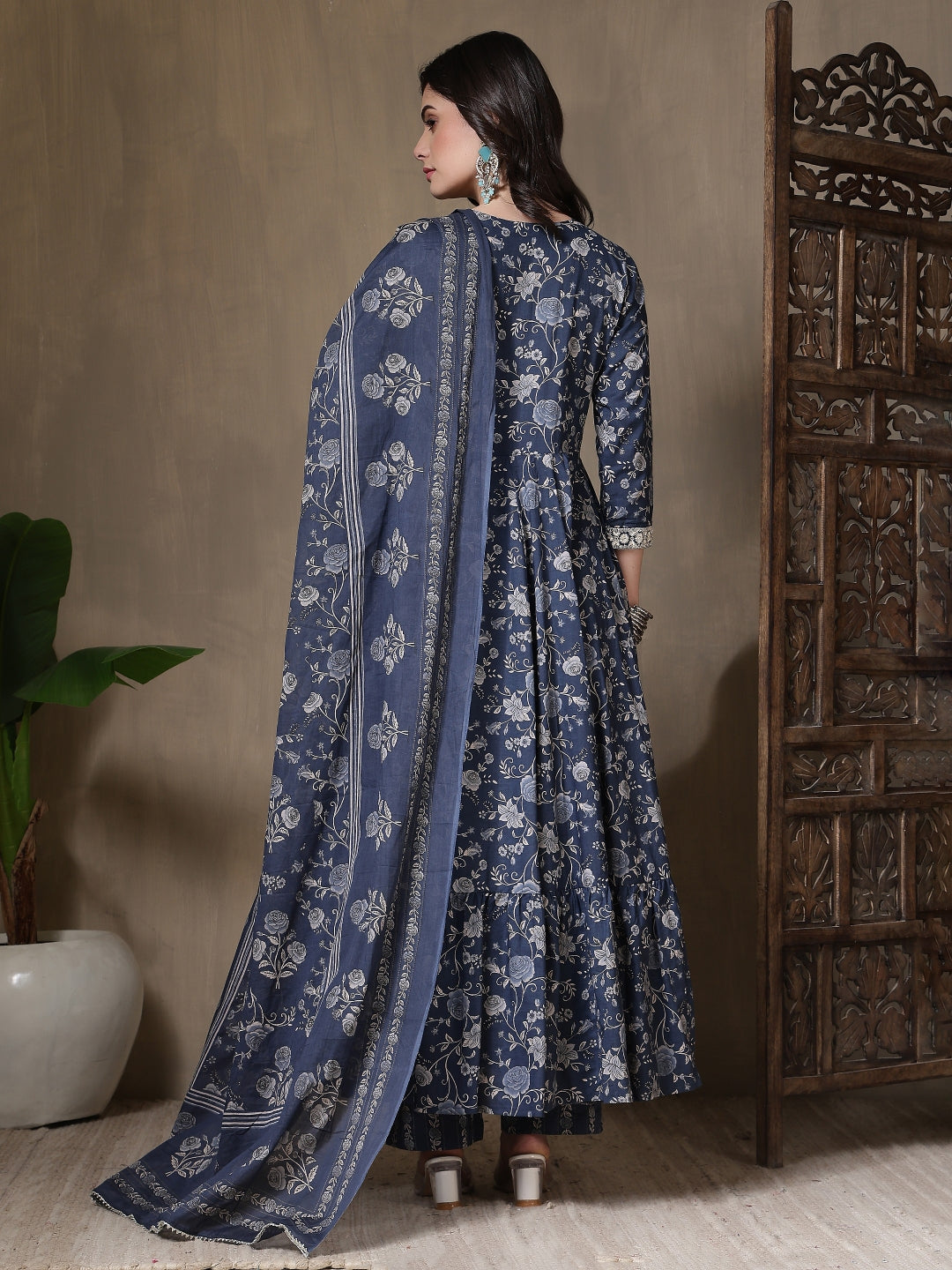 Cotton Printed Embroidered Calf Length V-Neck Anarkali Kurta, Palazzo With Dupatta Set