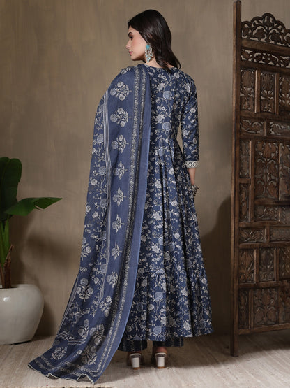 Cotton Printed Embroidered Calf Length V-Neck Anarkali Kurta, Palazzo With Dupatta Set