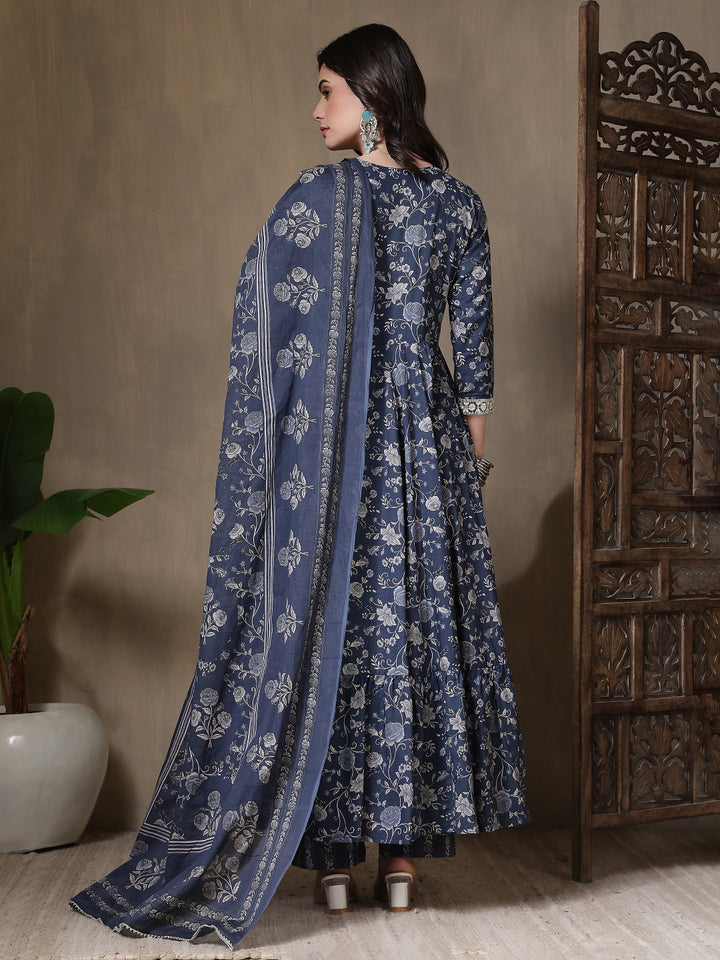 Cotton Printed Embroidered Calf Length V-Neck Anarkali Kurta, Palazzo With Dupatta Set