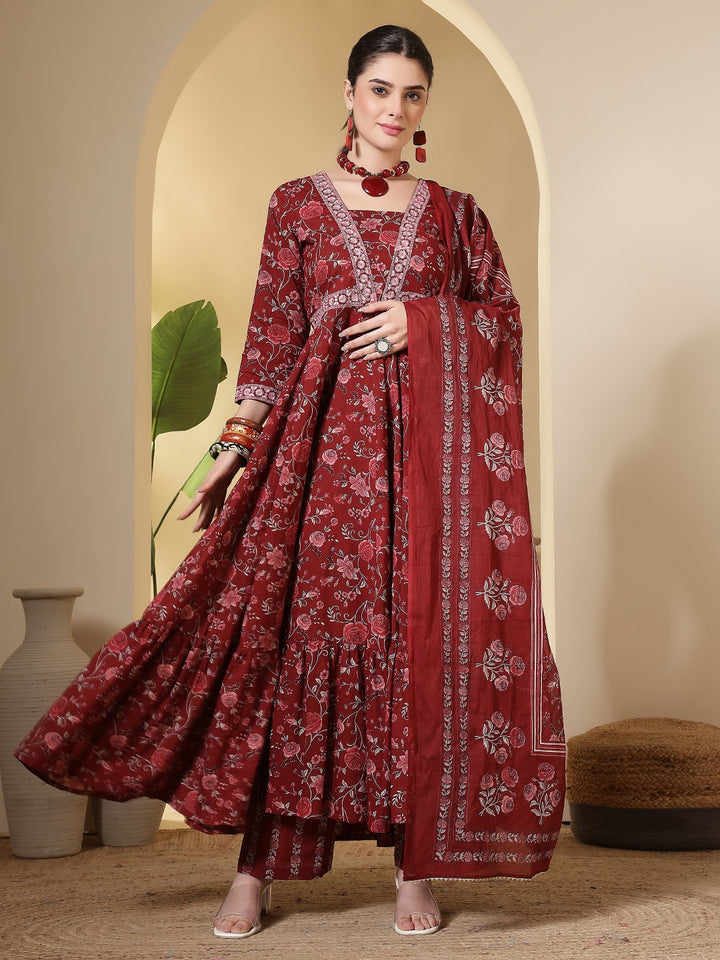 Cotton Printed Embroidered Calf Length V-Neck Anarkali Kurta, Palazzo With Dupatta Set