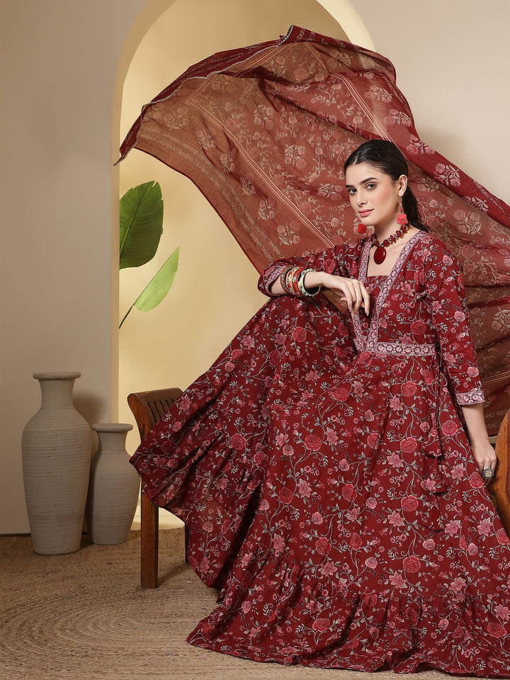 Cotton Printed Embroidered Calf Length V-Neck Anarkali Kurta, Palazzo With Dupatta Set