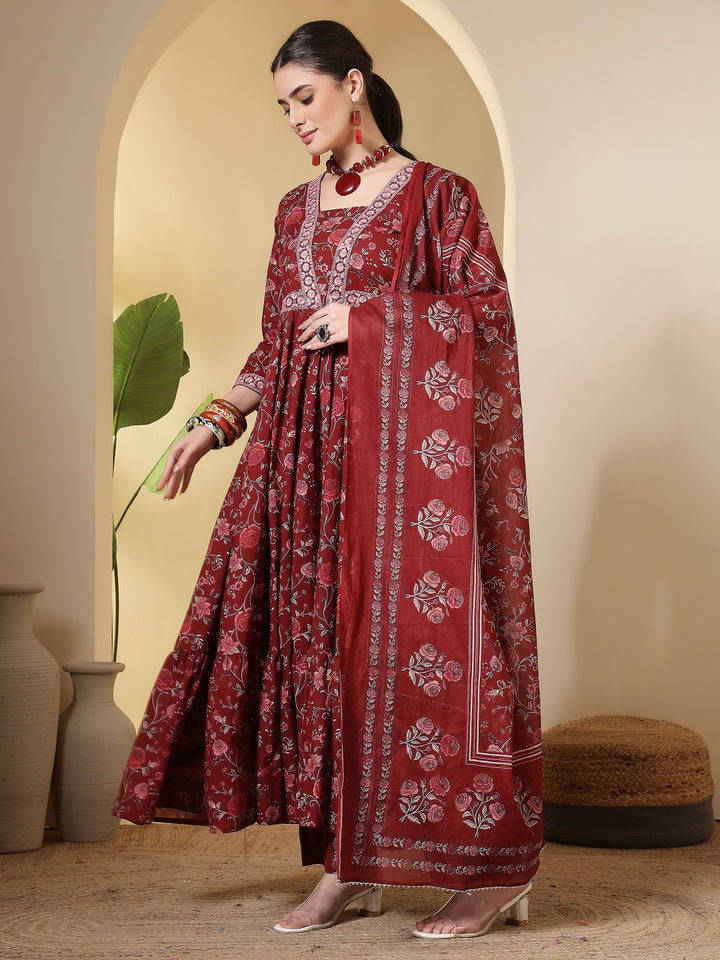Cotton Printed Embroidered Calf Length V-Neck Anarkali Kurta, Palazzo With Dupatta Set