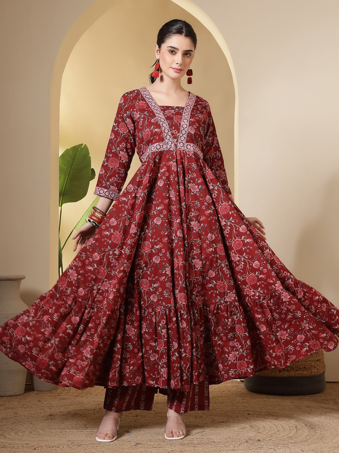 Cotton Printed Embroidered Calf Length V-Neck Anarkali Kurta, Palazzo With Dupatta Set