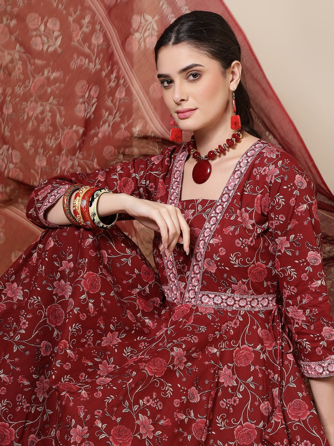 Cotton Printed Embroidered Calf Length V-Neck Anarkali Kurta, Palazzo With Dupatta Set