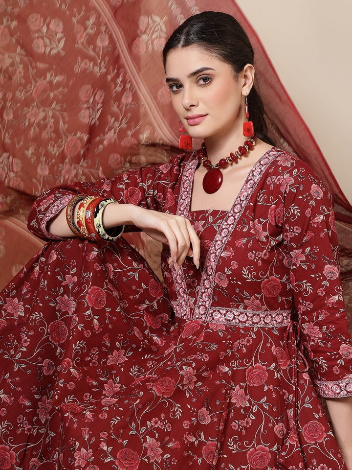 Cotton Printed Embroidered Calf Length V-Neck Anarkali Kurta, Palazzo With Dupatta Set