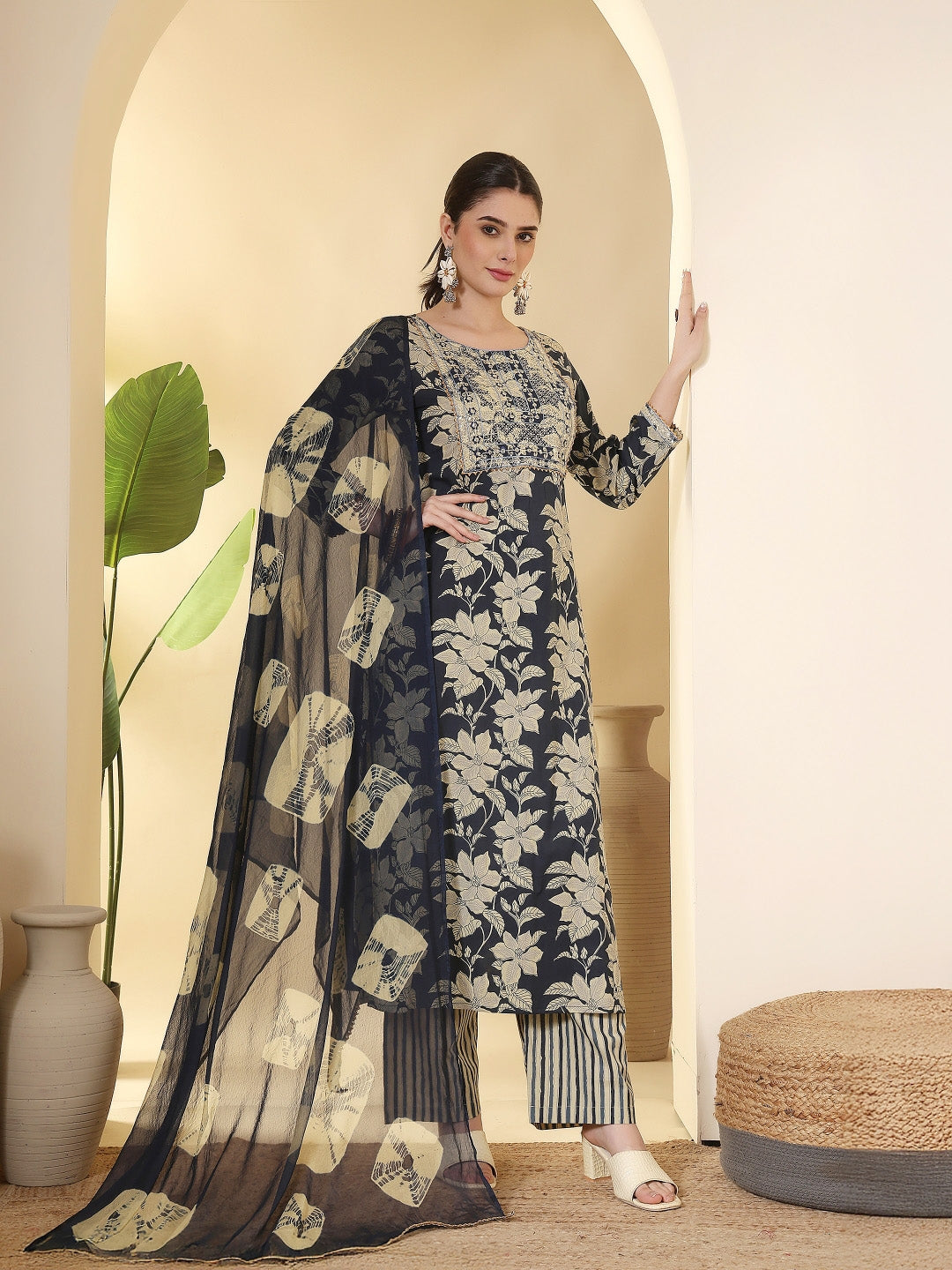Cotton Printed Embroidered Calf Length Round Neck Straight Kurta, Palazzo With Dupatta Set
