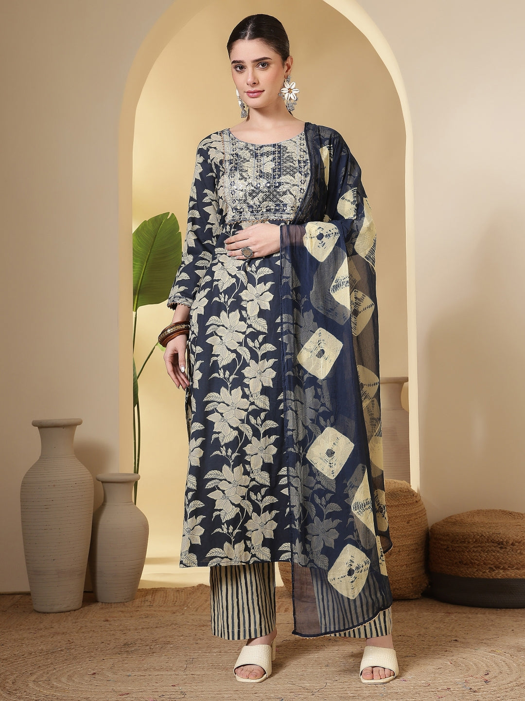 Cotton Printed Embroidered Calf Length Round Neck Straight Kurta, Palazzo With Dupatta Set