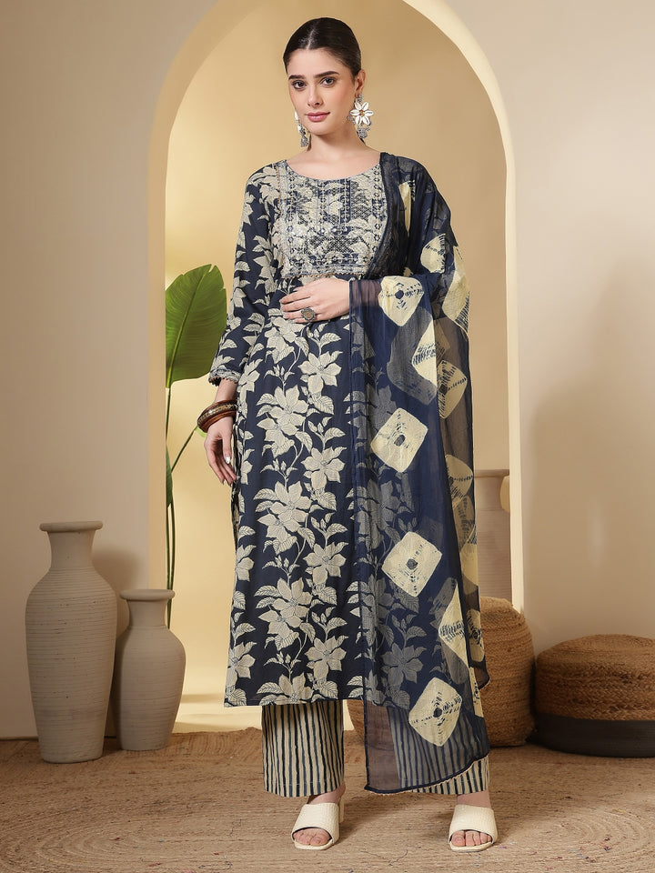 Cotton Printed Embroidered Calf Length Round Neck Straight Kurta, Palazzo With Dupatta Set