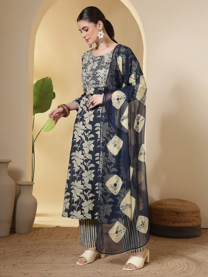 Cotton Printed Embroidered Calf Length Round Neck Straight Kurta, Palazzo With Dupatta Set