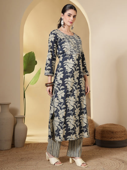 Cotton Printed Embroidered Calf Length Round Neck Straight Kurta, Palazzo With Dupatta Set