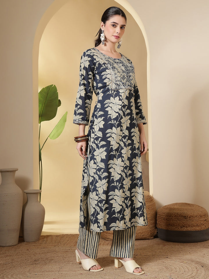 Cotton Printed Embroidered Calf Length Round Neck Straight Kurta, Palazzo With Dupatta Set