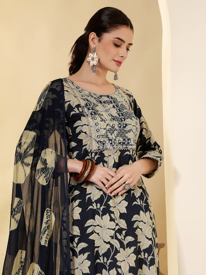Cotton Printed Embroidered Calf Length Round Neck Straight Kurta, Palazzo With Dupatta Set
