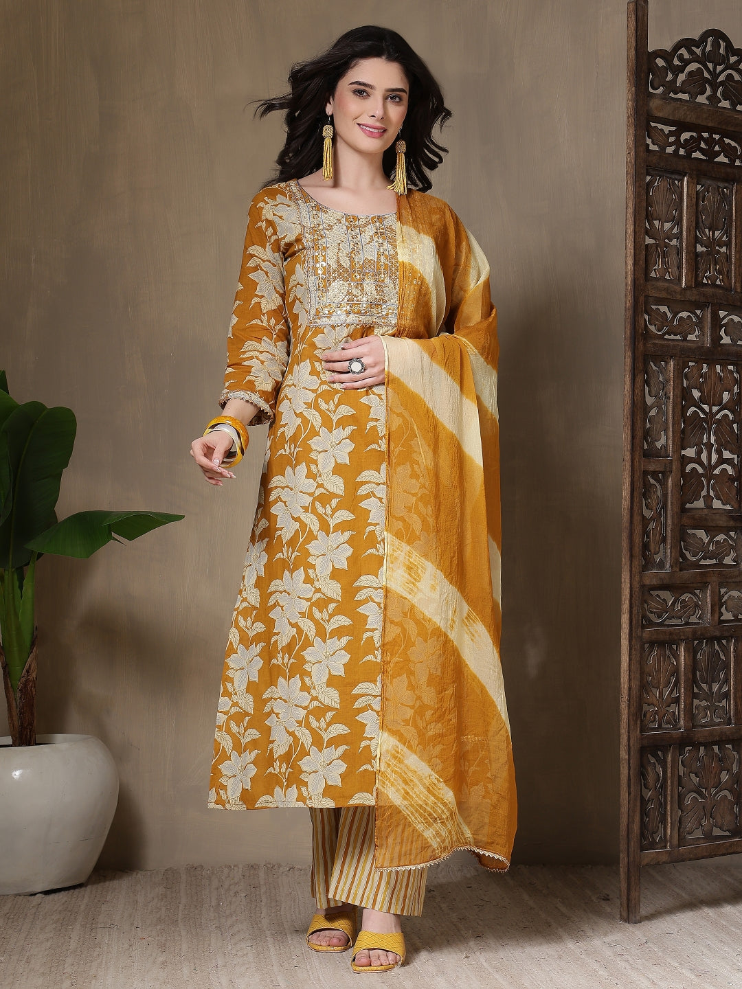 Cotton Printed Embroidered Calf Length Round Neck Straight Kurta, Palazzo With Dupatta Set
