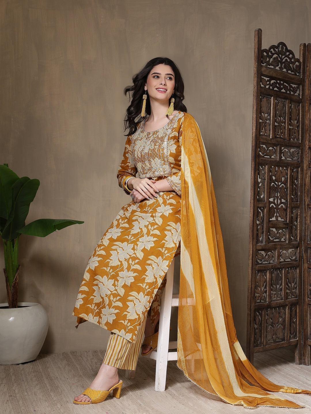 Cotton Printed Embroidered Calf Length Round Neck Straight Kurta, Palazzo With Dupatta Set