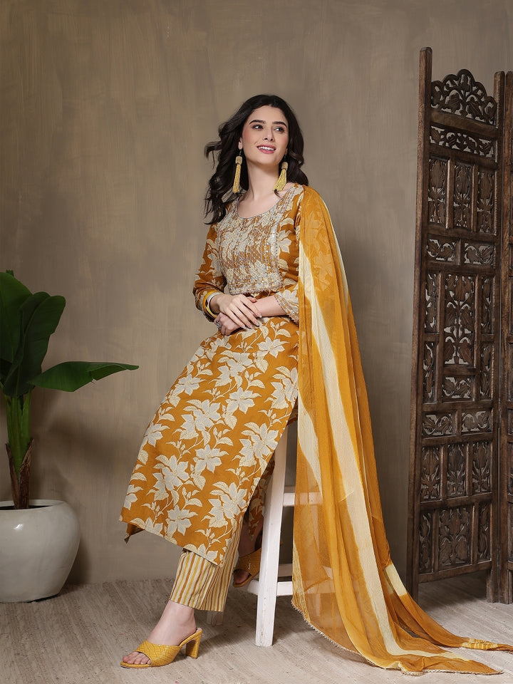 Cotton Printed Embroidered Calf Length Round Neck Straight Kurta, Palazzo With Dupatta Set