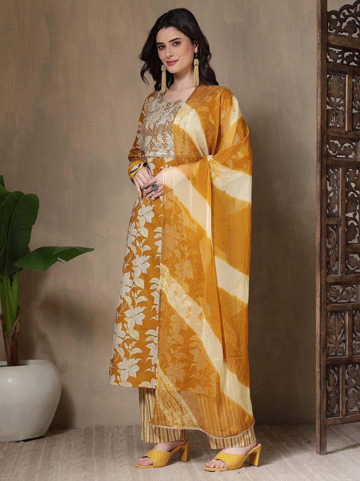 Cotton Printed Embroidered Calf Length Round Neck Straight Kurta, Palazzo With Dupatta Set