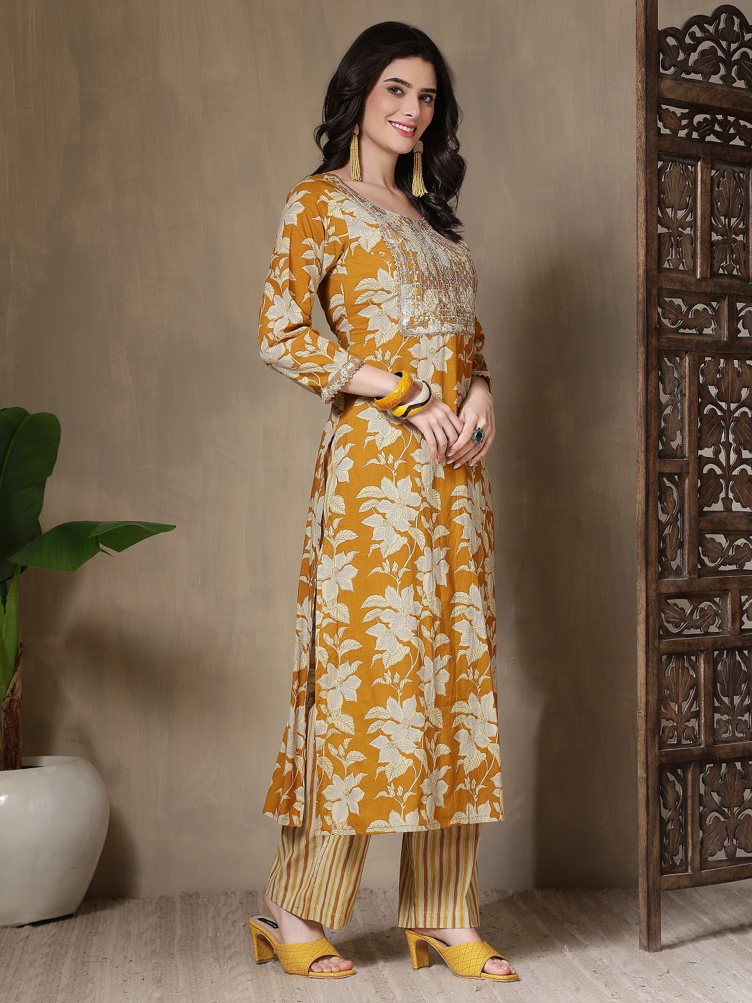 Cotton Printed Embroidered Calf Length Round Neck Straight Kurta, Palazzo With Dupatta Set