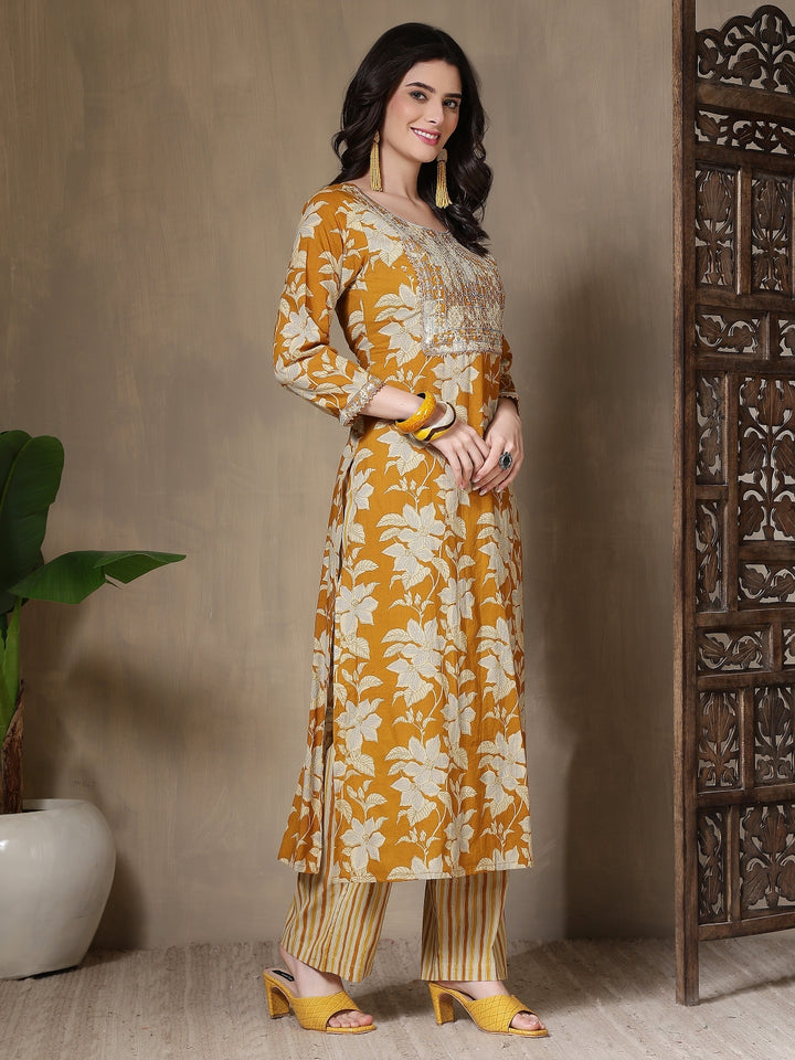 Cotton Printed Embroidered Calf Length Round Neck Straight Kurta, Palazzo With Dupatta Set