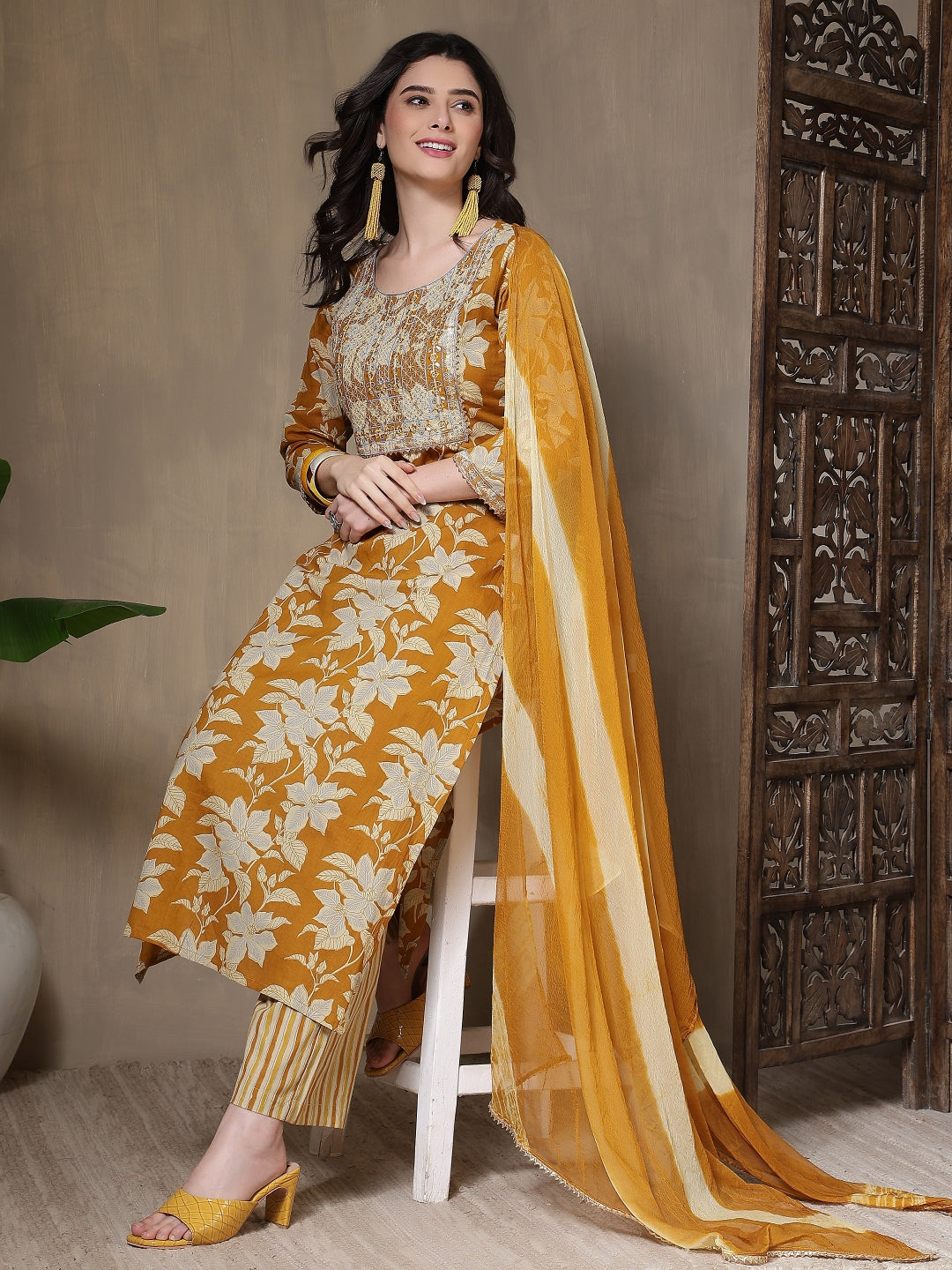 Cotton Printed Embroidered Calf Length Round Neck Straight Kurta, Palazzo With Dupatta Set
