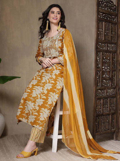 Cotton Printed Embroidered Calf Length Round Neck Straight Kurta, Palazzo With Dupatta Set