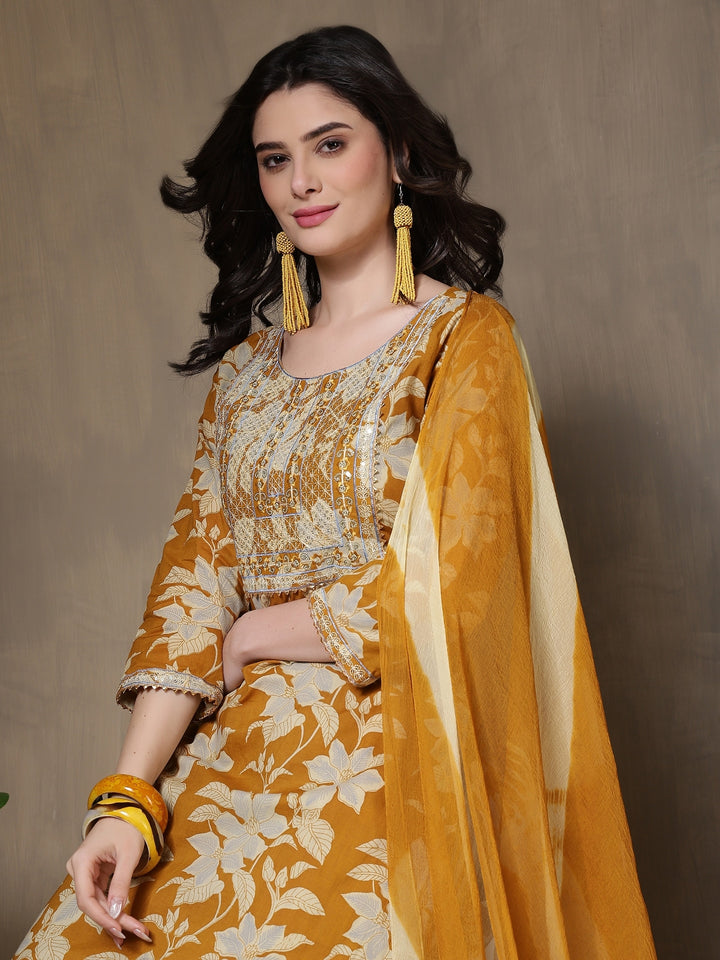 Cotton Printed Embroidered Calf Length Round Neck Straight Kurta, Palazzo With Dupatta Set