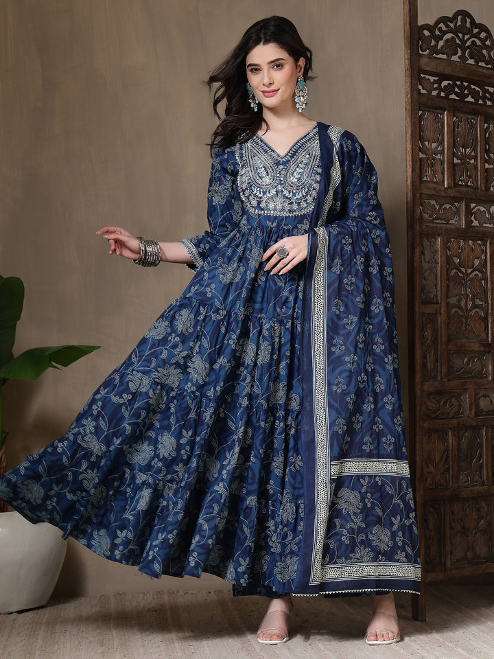 Cotton Printed Embroidered Calf Length V-Neck Anarkali Kurta, Palazzo With Dupatta Set