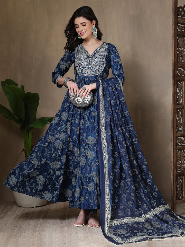 Cotton Printed Embroidered Calf Length V-Neck Anarkali Kurta, Palazzo With Dupatta Set