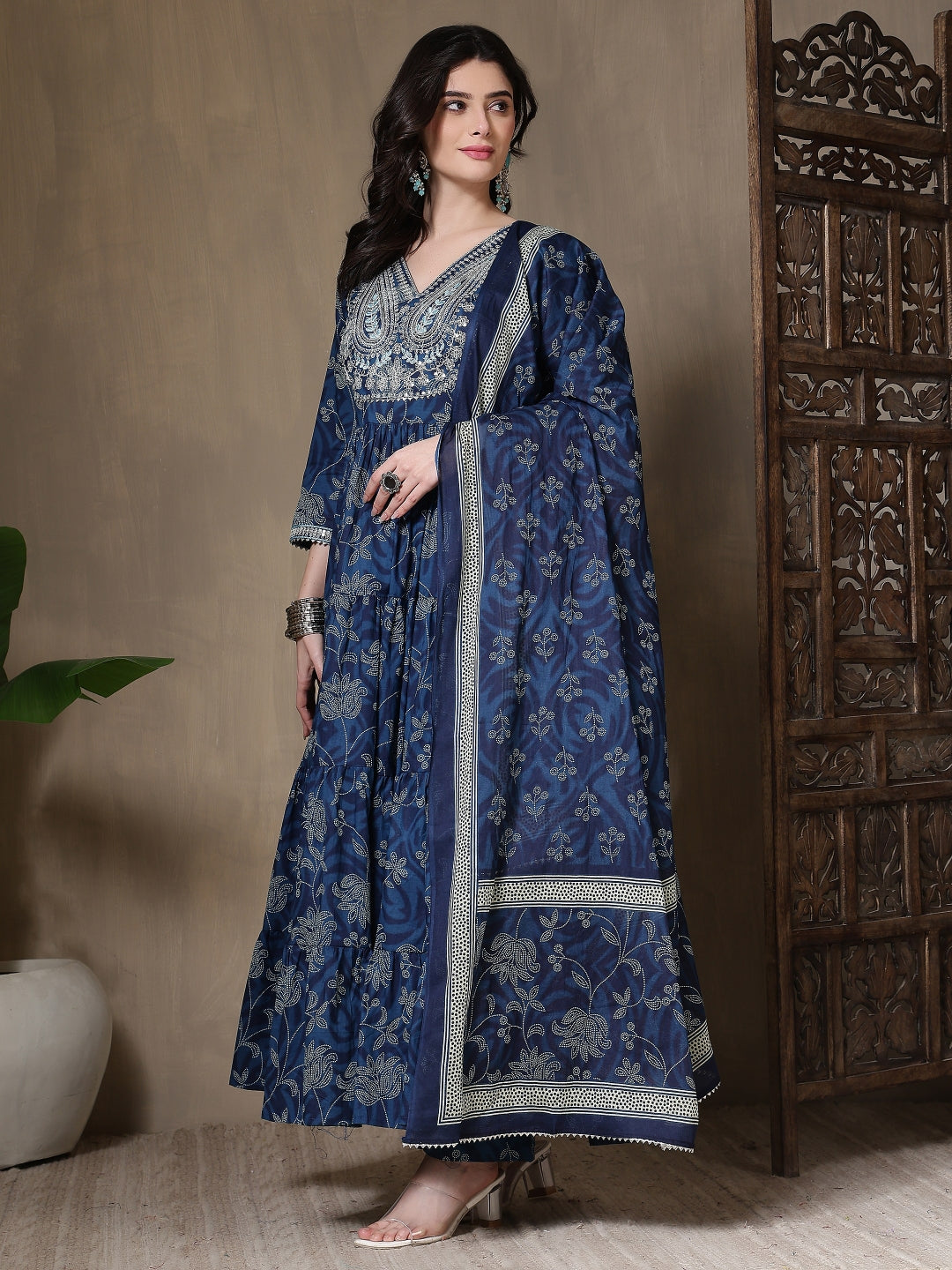Cotton Printed Embroidered Calf Length V-Neck Anarkali Kurta, Palazzo With Dupatta Set