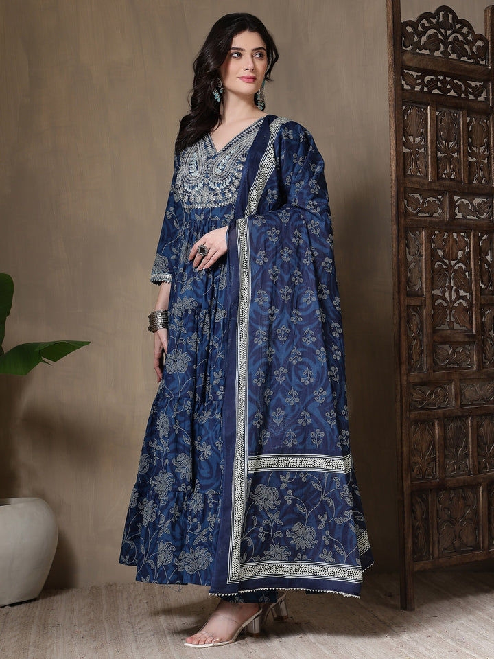 Cotton Printed Embroidered Calf Length V-Neck Anarkali Kurta, Palazzo With Dupatta Set