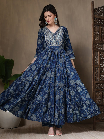 Cotton Printed Embroidered Calf Length V-Neck Anarkali Kurta, Palazzo With Dupatta Set