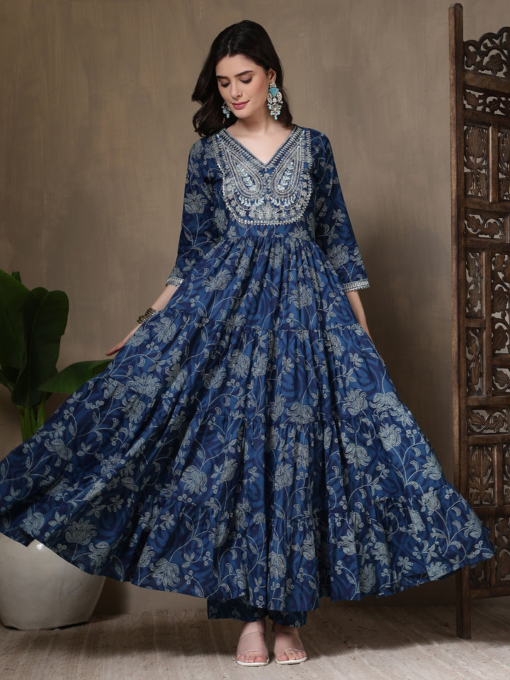 Cotton Printed Embroidered Calf Length V-Neck Anarkali Kurta, Palazzo With Dupatta Set