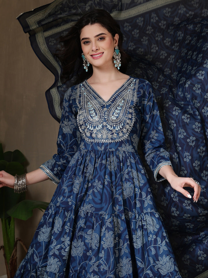 Cotton Printed Embroidered Calf Length V-Neck Anarkali Kurta, Palazzo With Dupatta Set