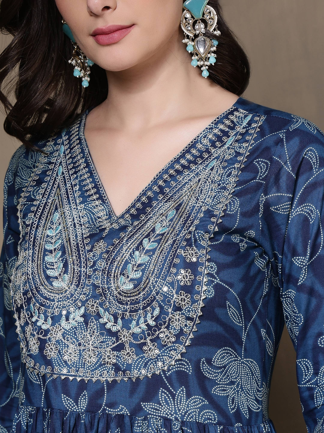 Cotton Printed Embroidered Calf Length V-Neck Anarkali Kurta, Palazzo With Dupatta Set