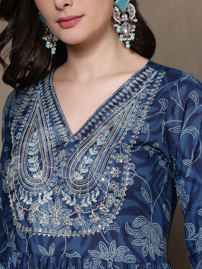 Cotton Printed Embroidered Calf Length V-Neck Anarkali Kurta, Palazzo With Dupatta Set