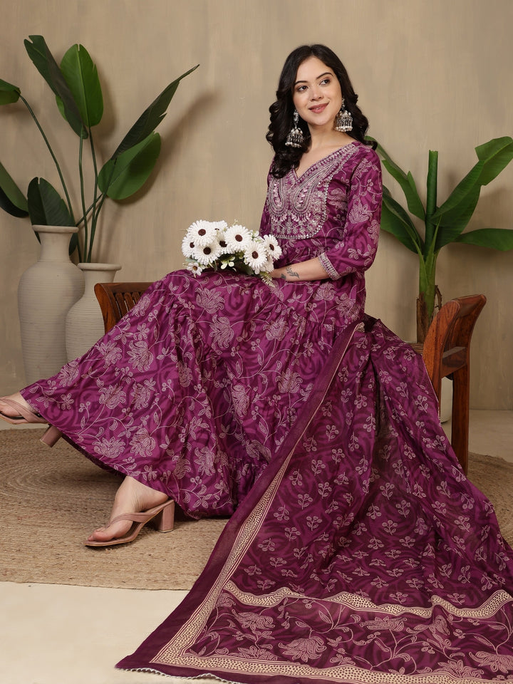 Cotton Printed Embroidered Calf Length V-Neck Anarkali Kurta, Palazzo With Dupatta Set