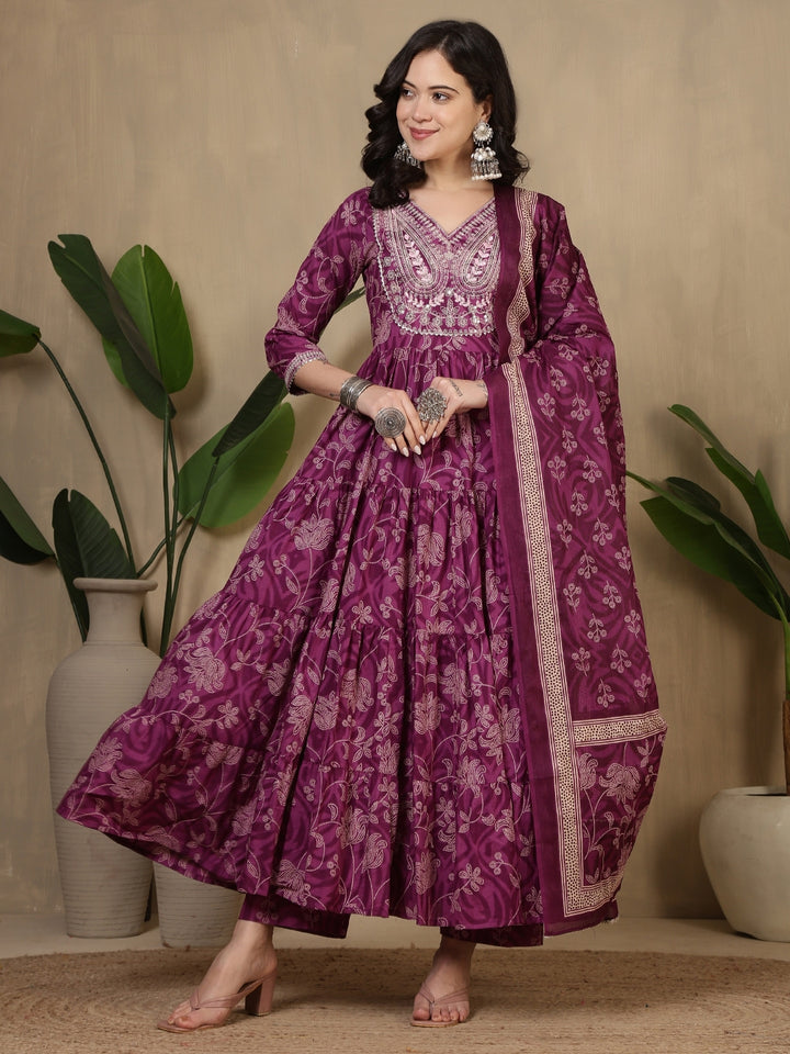Cotton Printed Embroidered Calf Length V-Neck Anarkali Kurta, Palazzo With Dupatta Set