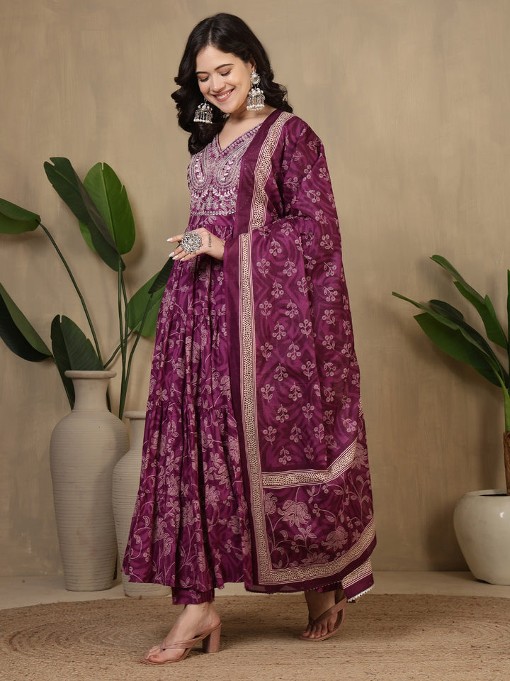 Cotton Printed Embroidered Calf Length V-Neck Anarkali Kurta, Palazzo With Dupatta Set