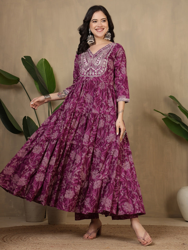 Cotton Printed Embroidered Calf Length V-Neck Anarkali Kurta, Palazzo With Dupatta Set