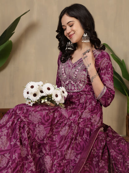 Cotton Printed Embroidered Calf Length V-Neck Anarkali Kurta, Palazzo With Dupatta Set