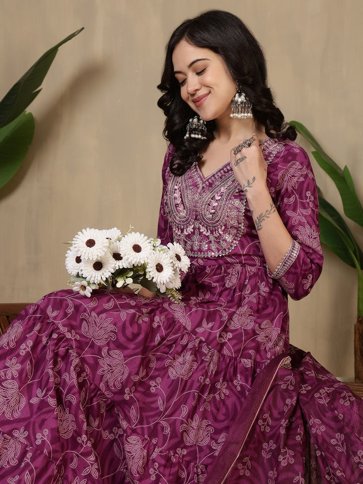 Cotton Printed Embroidered Calf Length V-Neck Anarkali Kurta, Palazzo With Dupatta Set